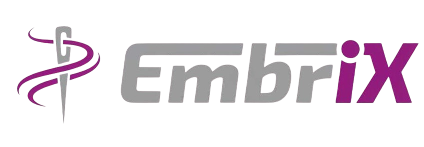 Logo von EmbrIX mit stilisiertem Nadelsymbol in Grau und Lila sowie grauem Schriftzug mit lilafarbenem X